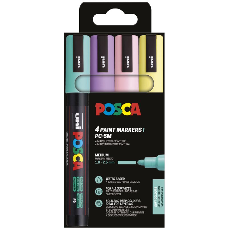 POSCA marqueur pigmentaire PC5M, couleurs pastel, set de 4, 1,8-2,5 mm